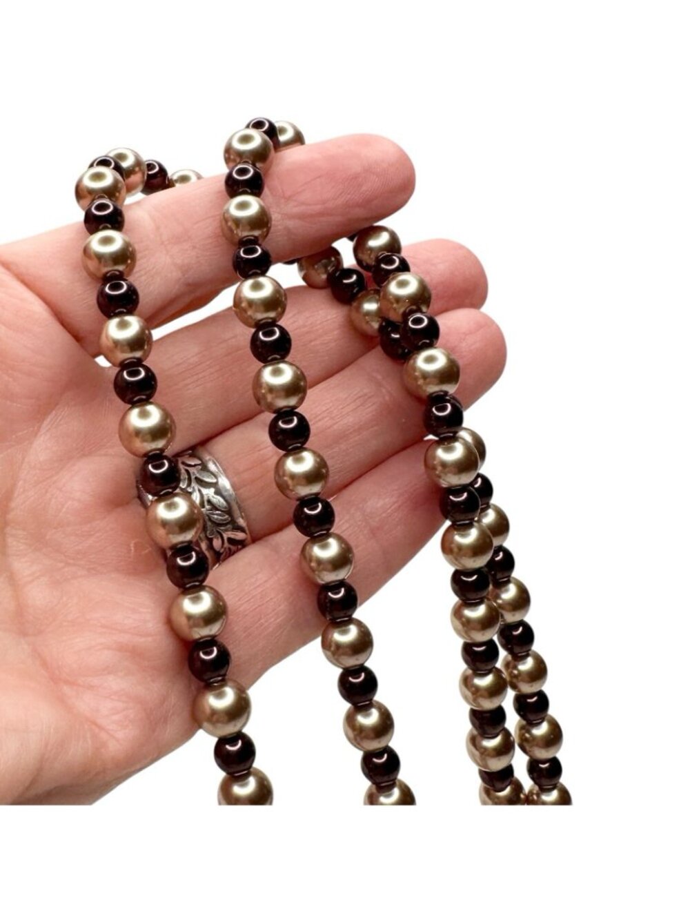 Chocolate & Champagne Vintage Faux Pearl Necklace 60" Long Flapper + Earrings - Picture 13 of 15